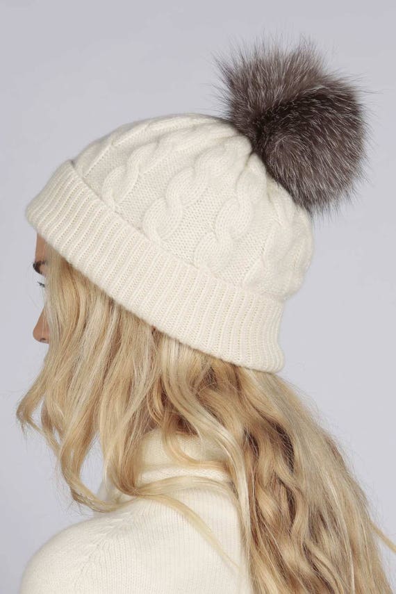 Cream White pure cashmere fur pom pom cable knit beanie hat