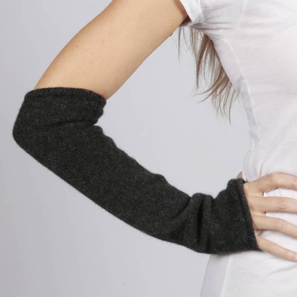 Charcoal Grey pure cashmere fingerless long wrist warmer gloves