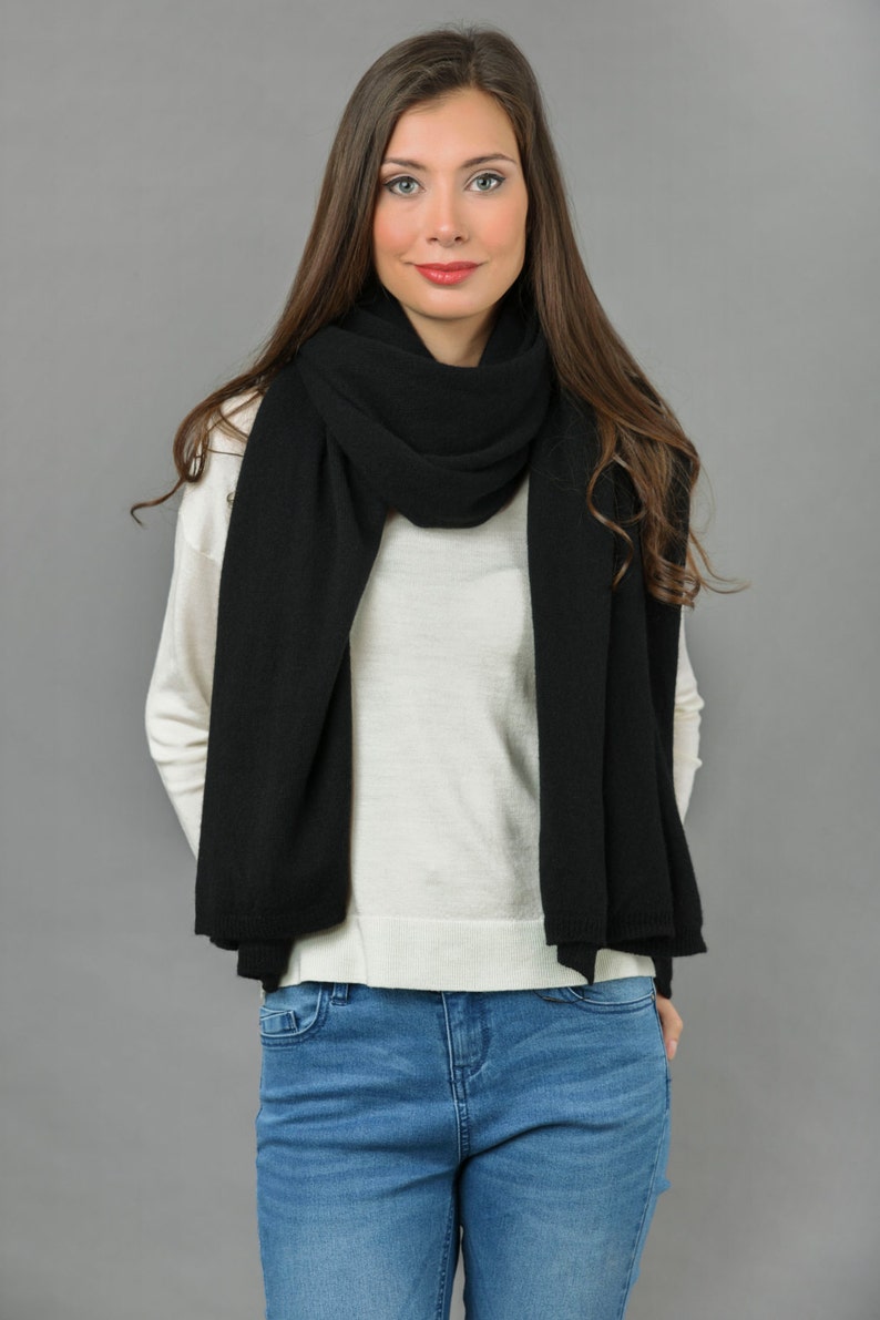 Cashmere Wrap Scarf Shawl Super Soft 2ply Knitted Oversize Luxury BLACK Made in Italy image 2