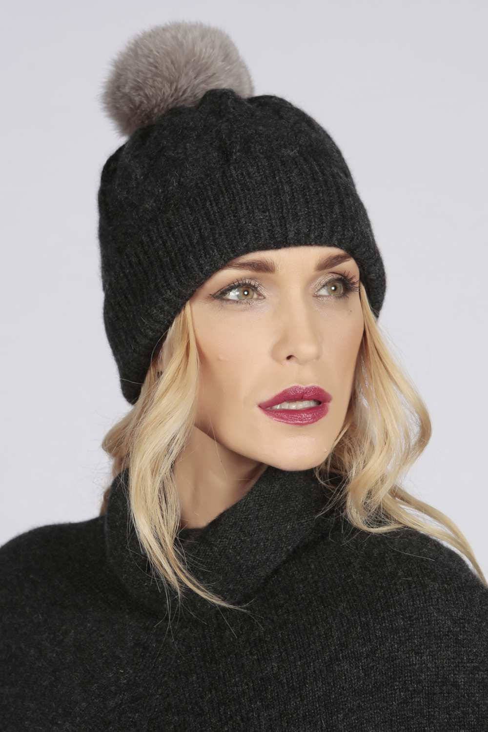 Carcoal Grey Cashmere Fur Pom Pom Cable Knit Beanie Hat - Etsy display picture 3