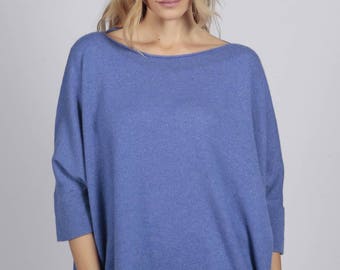 Periwinkle blue pure cashmere short sleeve oversized batwing sweater