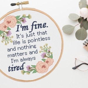 11 inch Cross Stitch Pattern I&#39;m Fine Parks and Rec Andy Dwyer Funny Quote Home Decor PDF Download Printable