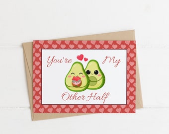 Cute Avocado You're My Other Half 5"x7" A7 Folded Landscape Card Instant Download Printable PDF and PNG