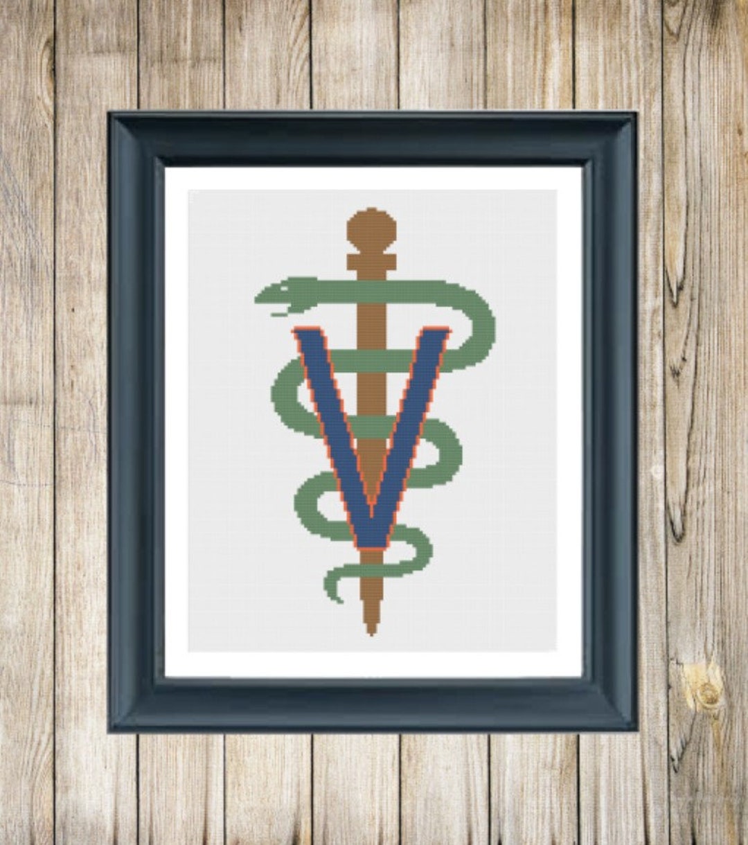8x10 Cross Stitch Pattern Veterinary Medicine Caduceus Symbol Home or