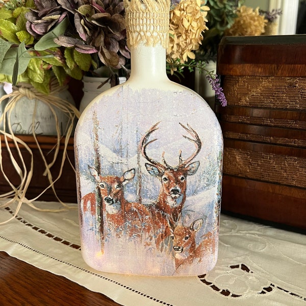 Decoupaged deer light, deer decor for the home, gift for outdoorsman, gifts for outdoorsy women, for outdoorsman, man cave bar, recycled