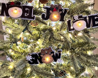 Light Up Nose Christmas Ornament: Snowman, Reindeer, Noel, Joy, 6-Hour Timer