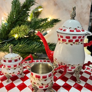Hand Painted Tea Set, Christmas Tea Set, Painted Silver Tea Pot, Christmas Decor, Christmas Serving Tray, Red and White, Silver Tea Set