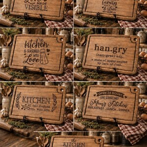 May include: A collection of seven rectangular wooden cutting boards, each featuring a unique laser-engraved quote or phrase. The boards have a natural wood grain, a rounded corner hole for hanging, and a grooved border along the edges.