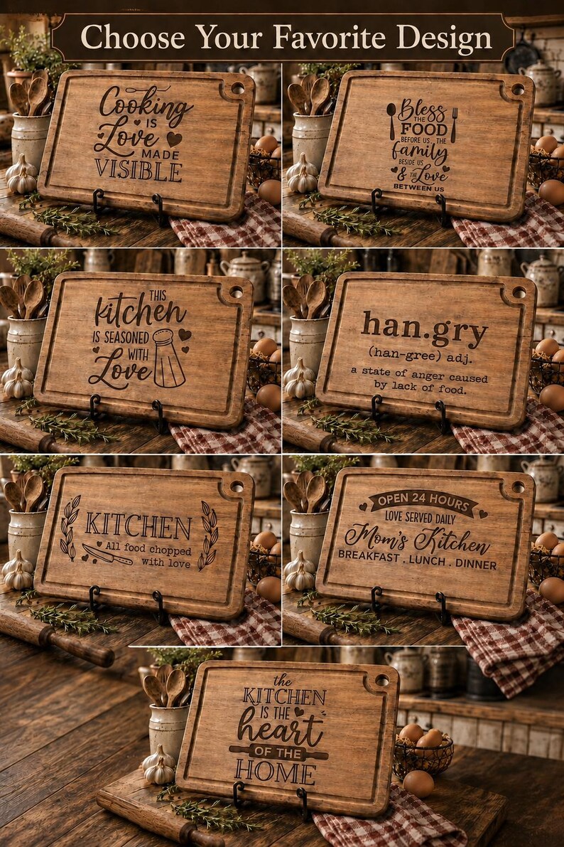 May include: A collection of seven rectangular wooden cutting boards, each featuring a unique laser-engraved quote or phrase. The boards have a natural wood grain, a rounded corner hole for hanging, and a grooved border along the edges.