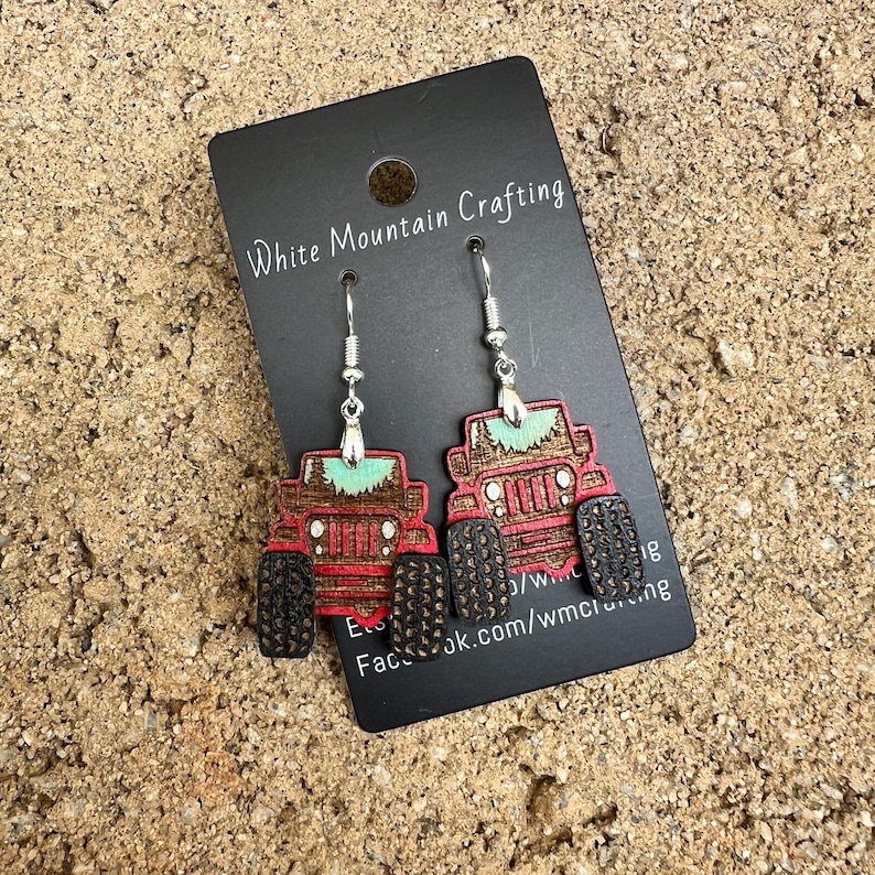 Jeep Earrings: Laser Cut Wood, Off-Road Adventure Jewelry, Stocking Stuffer Red Jeep