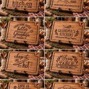 May include: A collection of eight rectangular wooden cutting boards, each featuring unique laser-engraved text and illustrations. The designs include phrases like kitch.en, Shark Coochie Board, Grandma's Kitchens, and My Kitchen My Rules.