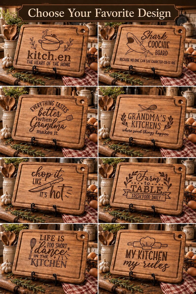 May include: A collection of eight rectangular wooden cutting boards, each featuring unique laser-engraved text and illustrations. The designs include phrases like kitch.en, Shark Coochie Board, Grandma's Kitchens, and My Kitchen My Rules.