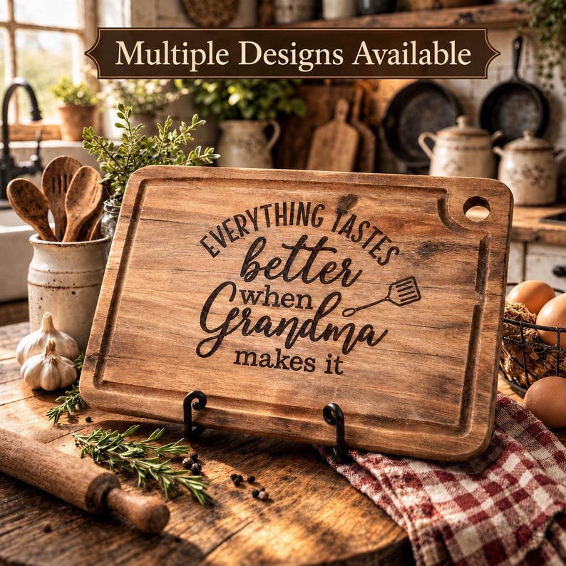 May include: A rectangular wooden cutting board with a juice groove and a corner hole. The board is engraved with the text "Everything tastes better when Grandma makes it" and a small spatula icon. The wood has a natural grain and brown finish.