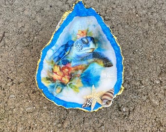 Sea Turtle Oyster Shell Trinket Dish: Beach Decor Ring Holder
