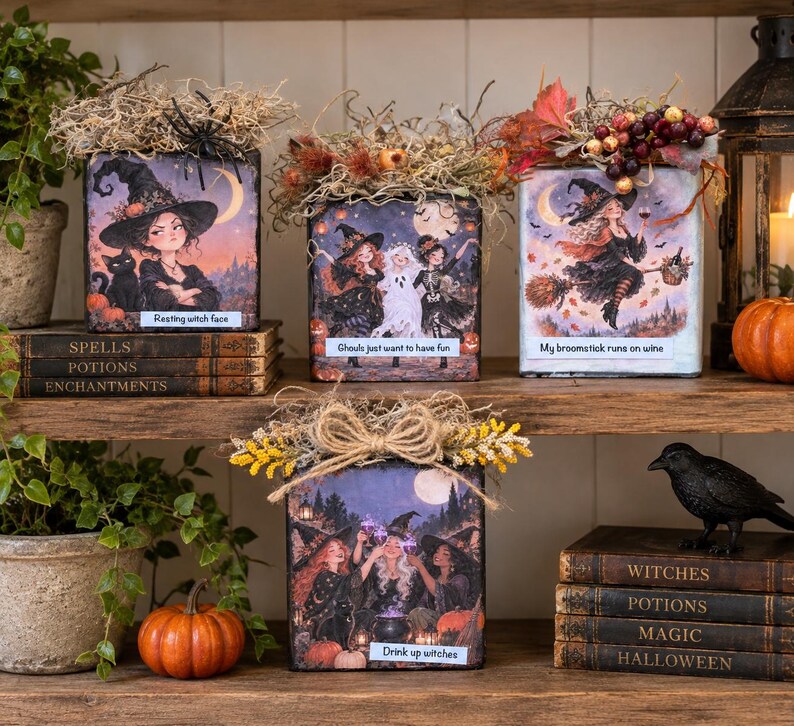 May include: Four square wooden blocks decorated with Halloween-themed illustrations of witches, ghosts, and pumpkins. Each block features text including Resting witch face, Ghouls just want to have fun, My broomstick runs on wine, and Drink up witches.