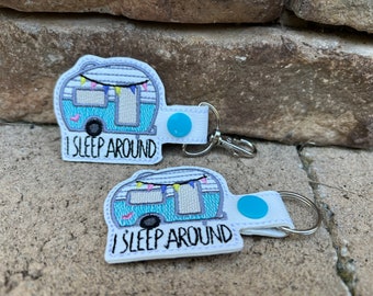 I Sleep Around Camper Key Ring: Embroidered Vintage Camper Keychain