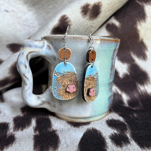 Highland Cow Dangle Earrings: Hand-Painted Whimsical Farm Animal Jewelry, Stocking Stuffer, Farm Animal Jewelry