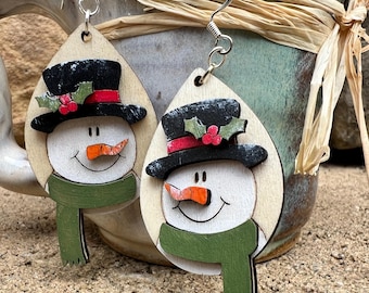 Christmas Wooden Snowman Earrings | Winter Holiday Jewelry | Wooden Snowman Dangle Earrings | Festive Gift for Her | Lightweight Holiday
