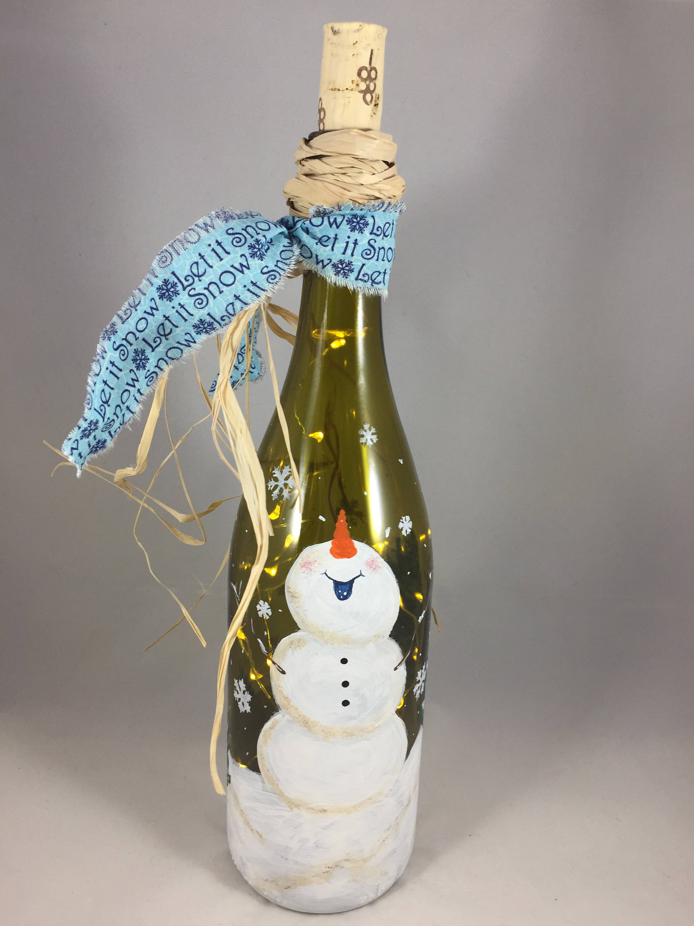 Hand Painted Snowman Wine Bottle Light Let It Snow Wine
