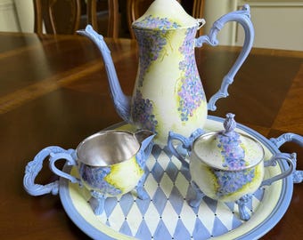 Hand Painted Tea Set, English Cottage Tea Set,  Lilac Tea Set, Teapot Creamer and Sugar Bowl Tray, Cottagecore Decor, Vintage Style Tea