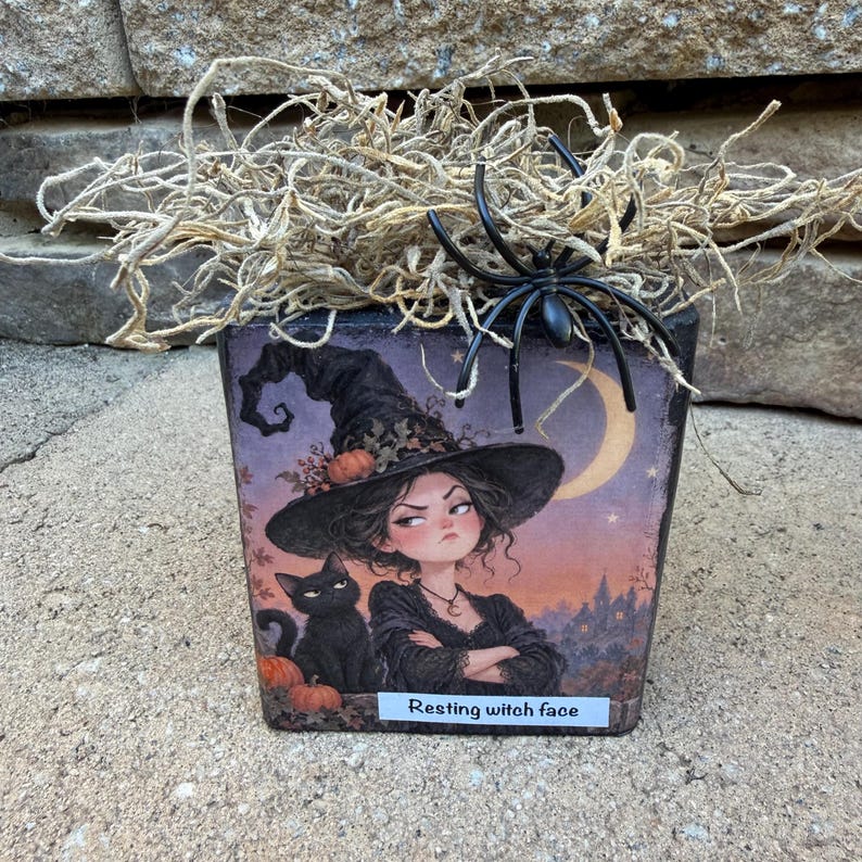 May include: A rectangular decorative block featuring an illustration of a witch with a black cat, a crescent moon, and pumpkins. The text "Resting witch face" is printed at the bottom. A black plastic spider and dried tan moss sit on top.