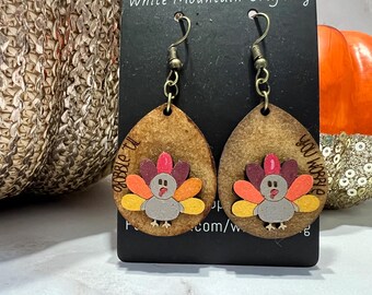 Hand-Painted Turkey Earrings: Thanksgiving Autumn Jewelry, Gobble til you Wobble