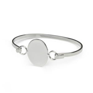 May include: A silver-toned metal bangle bracelet featuring a smooth, polished oval-shaped centerpiece. The oval plaque is connected to the thin, circular band on both sides by small, integrated circular metal loops, creating a continuous design.