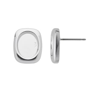 Pendiente de botón rectangular redondeado con copa de 10 x 8 mm (sin voluta), bañado en plata y rodio