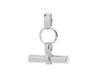 May include: A polished silver-toned toggle clasp component consisting of a cylindrical bar, a central connector loop, and a circular ring. The metal hardware features a smooth, reflective finish with a clean, minimalist structure designed for jewelry.