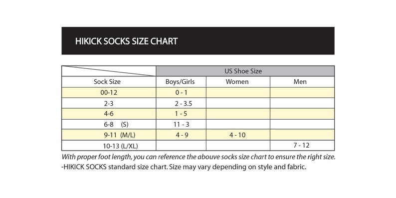 Girls Sock Size Chart