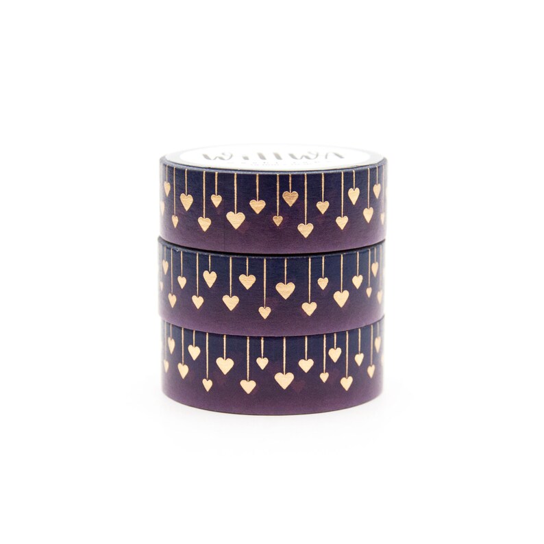 Heart Strings 15mm x 10m washi tape with Gold Foil Hanging Hearts on a Dark Purple Gradient Background Love Swedish Design by Willwa image 6