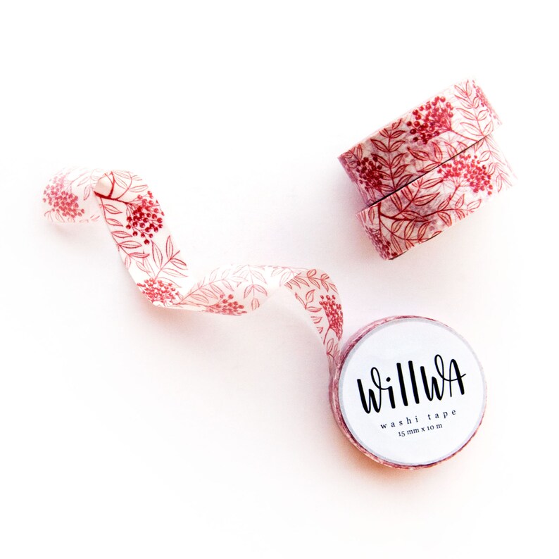 Red Rowan Berry 15 mm x 10 m washi tape Bloemen en natuurpatroon Red Berries masking tape Rowan Tree deco tape Zweeds ontwerp van Willwa afbeelding 8