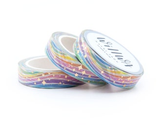 Rainbow Sparkles 10mm x 10m Foil Washi Tape - Flowy Rainbow Pattern with Gold Foil Sparkles and Stars - Swedish Design by Willwa