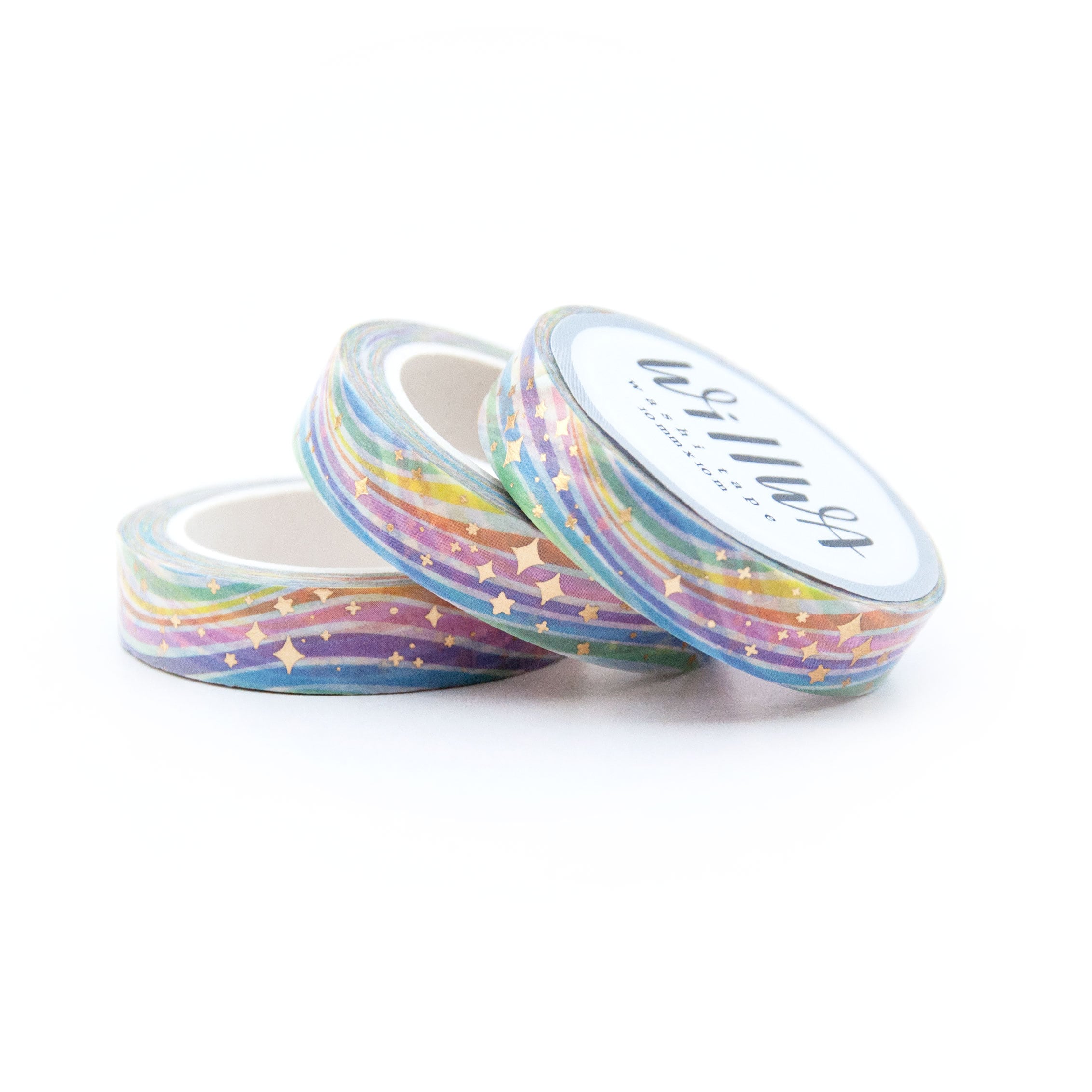 Rainbow Sparkles 10mm x 10m Foil Washi Tape - Flowy Rainbow Pattern with Gold Foil Sparkles and Stars - Swedish Design by Willwa