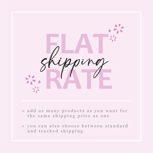 May include: Pink graphic with the text "FLAT shipping RATE" and white stars. The text below reads "add as many products as you want for the same shipping price as one. You can also choose between standard and tracked shipping."