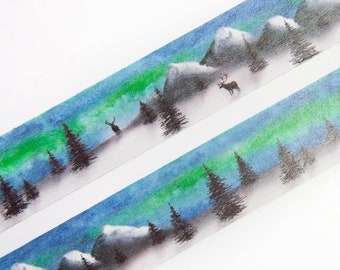 Northern Lights 30mm x 10 m Washi Tape - Winter Forest Landscape with Aurora Borealis Mountains , Fir Trees and Reindeers - Swedish Design