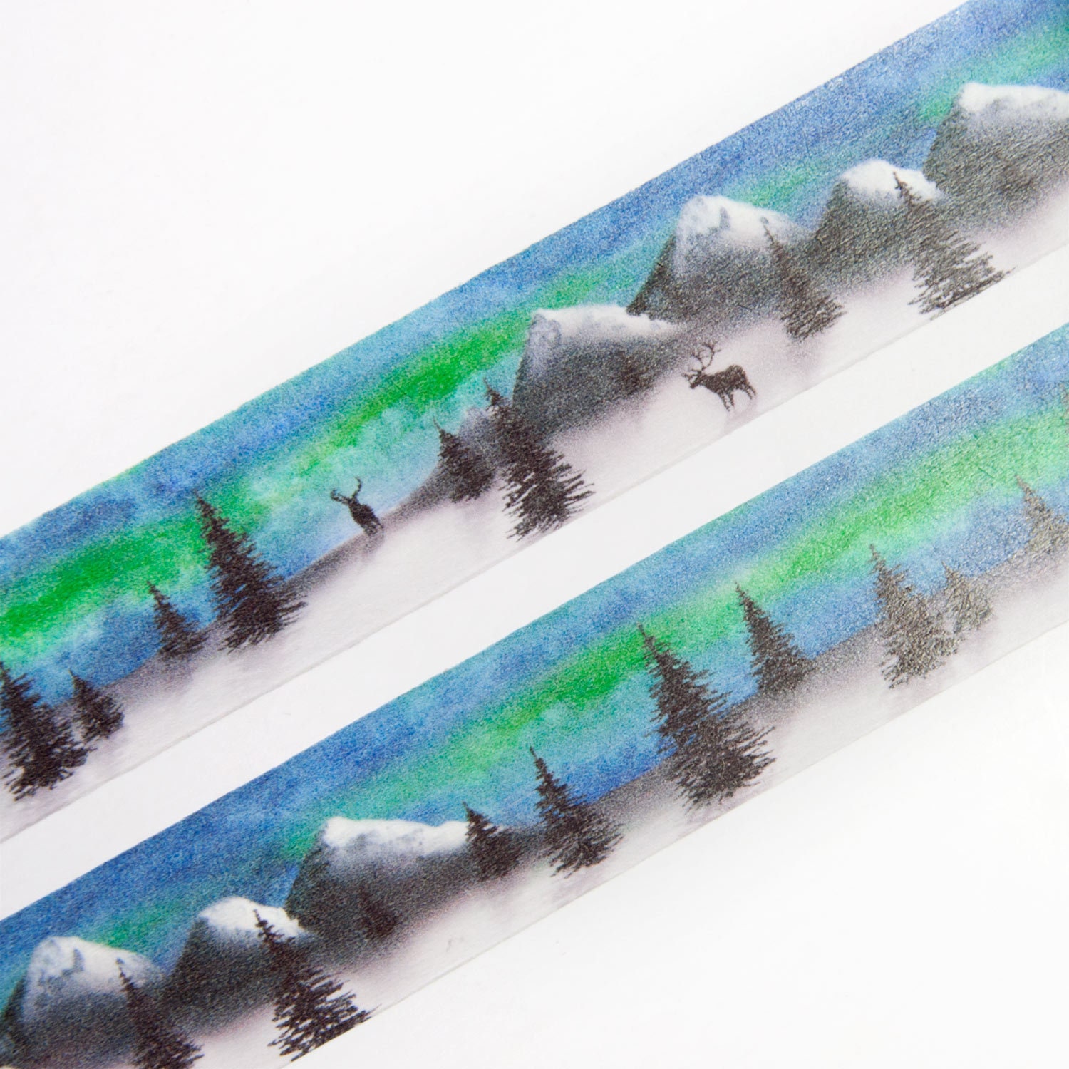 Northern Lights 30mm x 10 m Washi Tape - Winter Forest Landscape with Aurora Borealis Mountains , Fir Trees and Reindeers - Swedish Design
