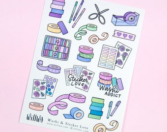 Washi & Sticker Love Deco Stickers - Stationery Lover Sticker Sheet - Hand drawn Illustrations of Washi Tapes - Swedish Design by Willwa