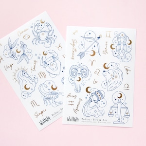 Fogli di adesivi decorativi zodiacali - Bellissime illustrazioni di segni zodiacali con lamina d'oro - Illustrazioni e nomi dello zodiaco - Design svedese di Willwa