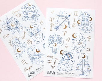 Feuilles d'autocollants déco du zodiaque - Belles illustrations des signes du zodiaque avec feuille d'or - Illustrations du zodiaque et noms - Design suédois par Willwa