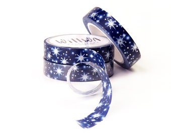 Starry Night Washi Tape 10mm x 10m - Sparkling silver foiled and white stars in a dark blue sky - Winter Nights - Swedish Design by Willwa