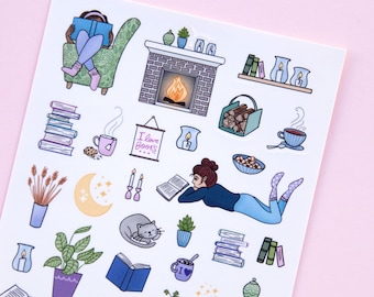Girls Love to Read Deco Stickers - Cute Reading Girls Sticker Sheet - Books Cozy Interior Plants and Sleepy Cats - Swedish Design by Willwa