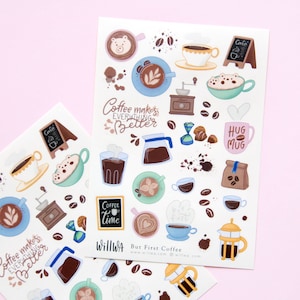 But First Coffee Deco Stickers - Coffee Lover Sticker Sheet - Hand Lettering and Cute Coffee Cups and Late Art - Swedish Design by Willwa