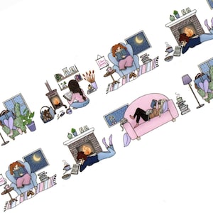 Cinta washi "Clima acogedor para leer", 30 mm x 10 m - Lindas ilustraciones dibujadas a mano: Cinco chicas leyendo en interiores - Lluvia afuera - Diseño sueco Willwa