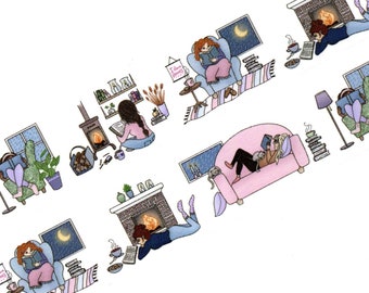 Cozy Reading Weather 30mm x 10m Washi Tape - Cute Hand Drawn Illustrations Five Girls Reading Indoors - Rain Outside - Swedish Design Willwa