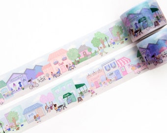 City of Cafes 30mm x 10m Washi Tape - Cute Hand Drawn Illustrations of a Cozy City with Cafes and other Shops - Swedish Design Willwa