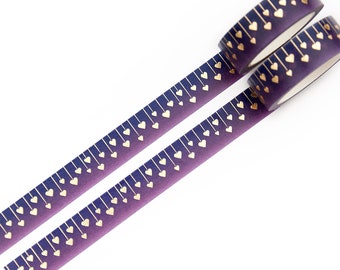 Heart Strings 15mm x 10m washi tape with Gold Foil - Hanging Hearts on a Dark Purple Gradient Background - Love - Swedish Design by Willwa