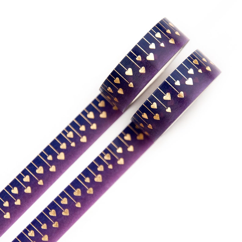 Heart Strings 15mm x 10m washi tape with Gold Foil Hanging Hearts on a Dark Purple Gradient Background Love Swedish Design by Willwa image 4