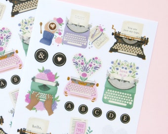 Beautiful Typewriters Deco Stickers - Handdrawn Typewriter Sticker Sheet - Typewriter quotes and Floral stickers- Swedish Design by Willwa