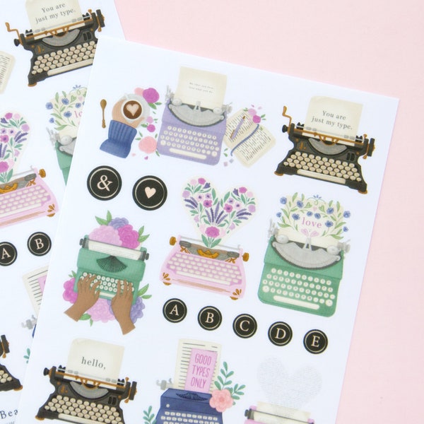 Beautiful Typewriters Deco Stickers - Handdrawn Typewriter Sticker Sheet - Typewriter quotes and Floral stickers- Swedish Design by Willwa